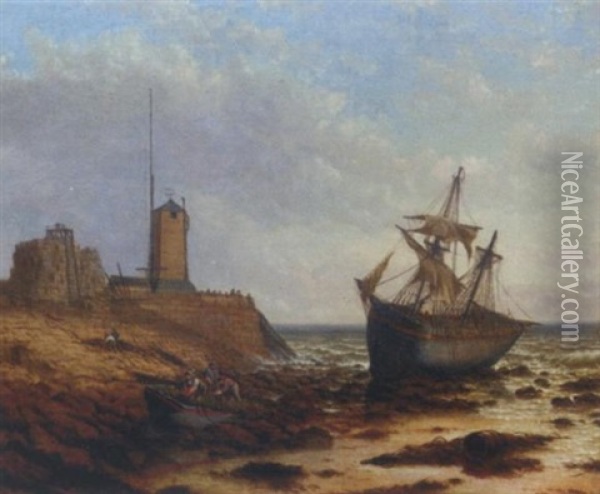 Beached At Low Tide Off South Pier Lighthouse, Sunderland Oil Painting - Stuart Henry Bell