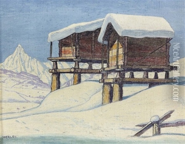 Verschneite Walliser Berglandschaft Mit Zwei Spychern Oil Painting - Ludwig Werlen