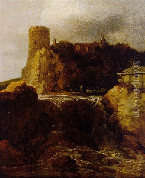 Landscape With Waterfall And Castle Oil Painting - Allaert van Everdingen
