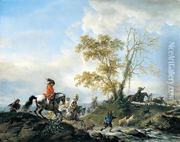 A landscape with a stag hunt in full cry, fording a stream Oil Painting - Philips Wouwerman