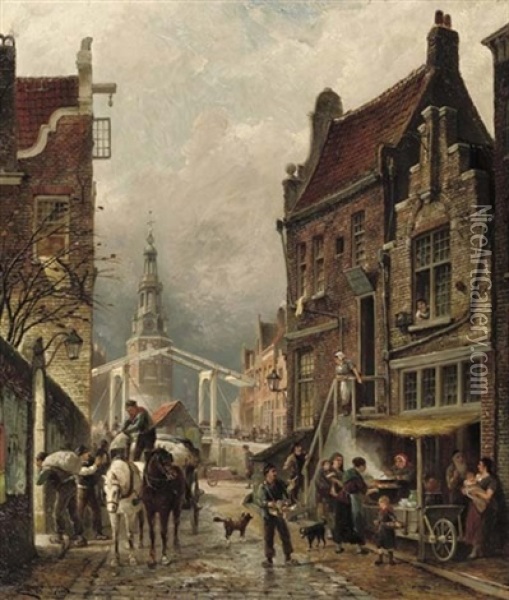 Quartier Juif - A View Of The Jewish Quarter With The Oudeschans And The Montelbaanstoren, Amsterdam Oil Painting - Cornelis Christiaan Dommelshuizen