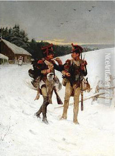 Schwabe , Two Officers With Game, Signed, Oil On Canvas, 45.5 X 35.5 Cm.; 18 X 14 In Oil Painting - Johann Gottlieb Lohrer