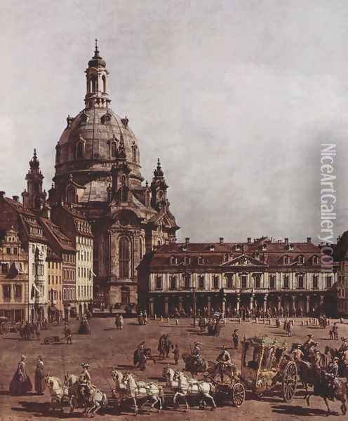 View of Dresden, the Neumarkt in Dresden, Jewish cemetery, with women's Church and the Old Town Watch, detai Oil Painting - Bernardo Bellotto