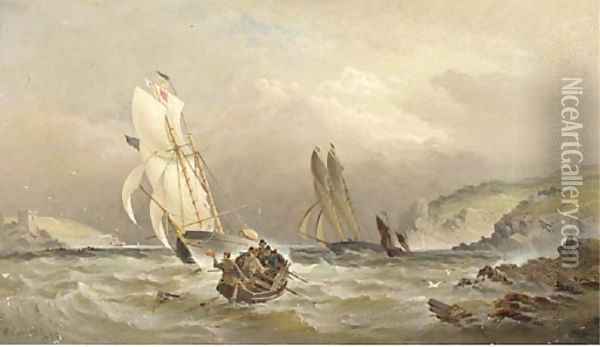 Racing cutters running into the estuary at Dartmouth Oil Painting - William Gibbons