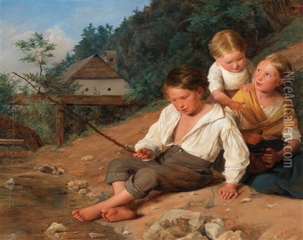 Siblings At A Creek Oil Painting - Rosalia Amon