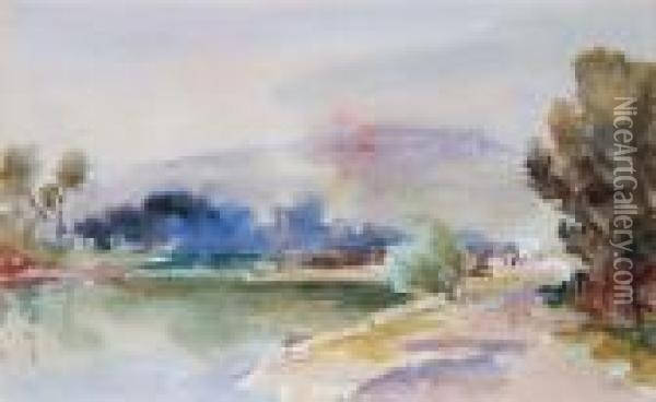 A Continental Lakeside Landscape Oil Painting - Hercules Brabazon Brabazon