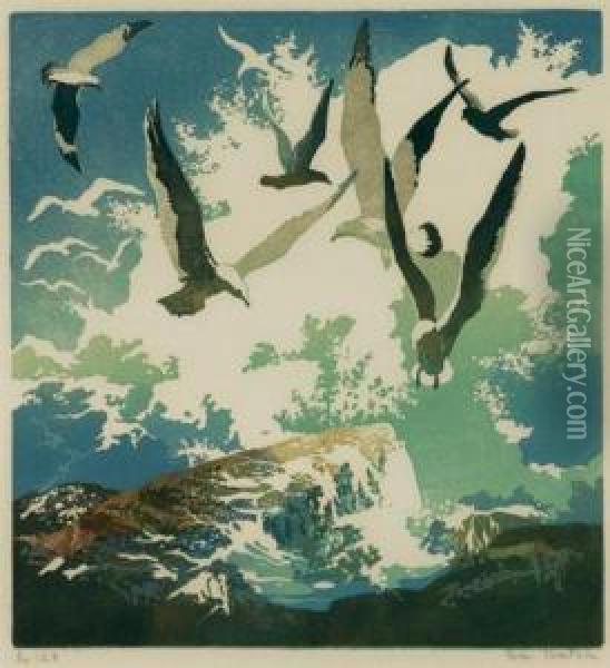 Gull Rock; Gulls And Spray Oil Painting - Eva Watson-Schutze