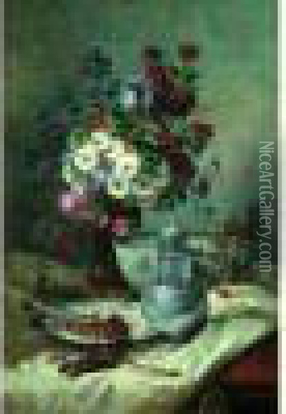 Nature Morte Au Vase De Fleurs, Porcelaine Et Piece D'etain Sur Un Entablement Oil Painting - Eugene Henri Cauchois