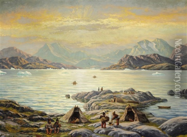 Summer Day At A Greenlandic Fiord With Women Preparing Food Over Open Fire Oil Painting - Emanuel A. Petersen