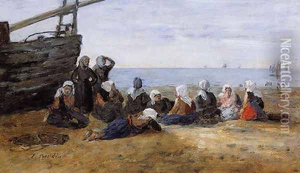 Berck, Group of Fishwomen Seated on the Beach Oil Painting - Eugene Boudin