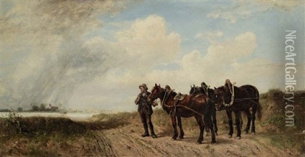 Rastender Treidler Mit Drei Pferden Am Flussufer Oil Painting - Ludwig Hartmann