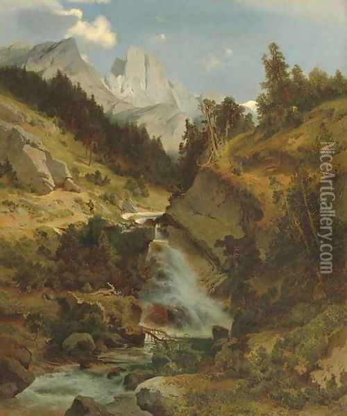 Mountain Lanscape with River Oil Painting - August Schaeffer