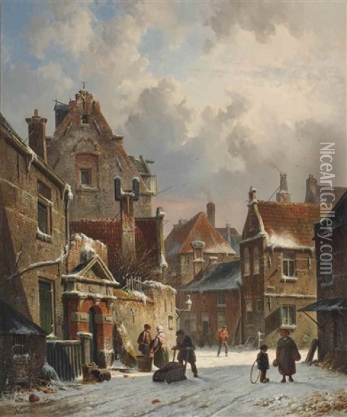 Townsfolk On A Snow Covered Street Oil Painting - Adrianus Eversen