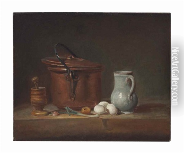 A Copper Saucepan, A Pestle And Mortar, A Pitcher, A Scallion, Eggs And An Onion On A Shelf Oil Painting - Jean-Baptiste-Simeon Chardin