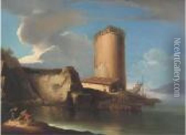 A Mediterranean Costal Inlet With A Boatyard And A Tower Oil Painting - Salvator Rosa
