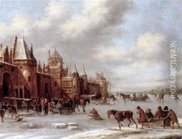 A Winter Landscape With Figures On A Frozen River Before The Walls Of A Town Oil Painting - Thomas Heeremans