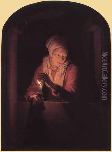 Old Woman With A Candle Oil Painting - Gerrit Dou