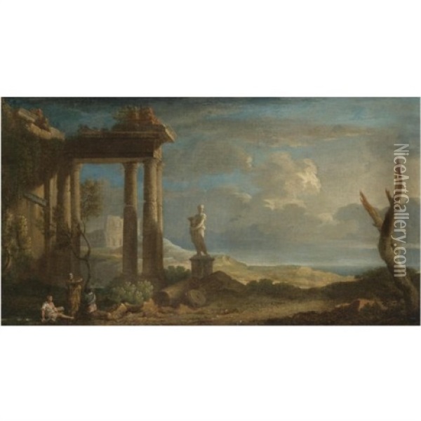 An Extensive Landscape With Figures Seated Beneath A Ruined Classical Temple, A Capriccio View Of The Colosseum And The Ocean Beyond Oil Painting - Jan Frans van Bloemen