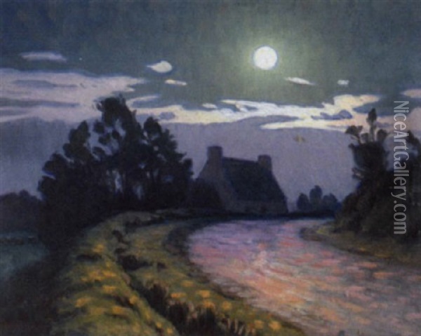 Claire De Lune, Route Et Ferme Oil Painting - Charles Victor Guilloux