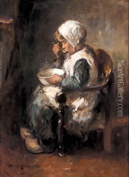 A Spoonful Of Porridge Oil Painting - Robert Gemmell Hutchison