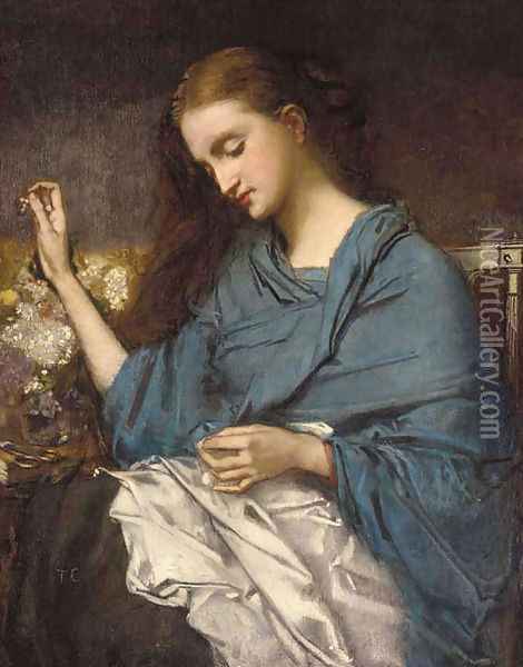 Jeune Femme Cousant (Young Woman Sewing) Oil Painting - Thomas Couture