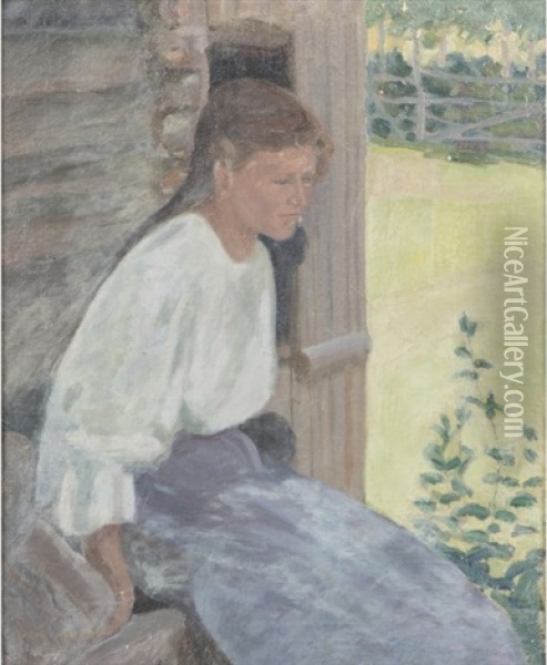 Girl On The Stairs Oil Painting - Vilho Sjoestroem