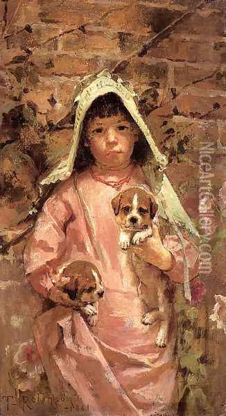 Girl with Puppies, 1881 Oil Painting - Theodore Robinson