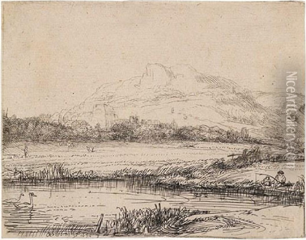 Canal With An Angler And Two Swans Oil Painting - Rembrandt Van Rijn