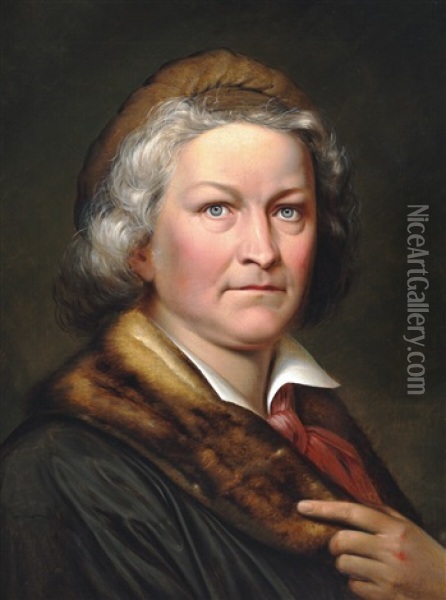 Portrait Of The Sculptor Bertel Thorvaldsen In Smock With Fur Collar And A Cap Oil Painting - Eduard Magnus