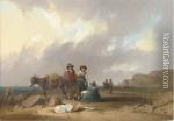 Fisherfolk On The Shore, Southampton Waters, Isle Of Wight Oil Painting - Snr William Shayer
