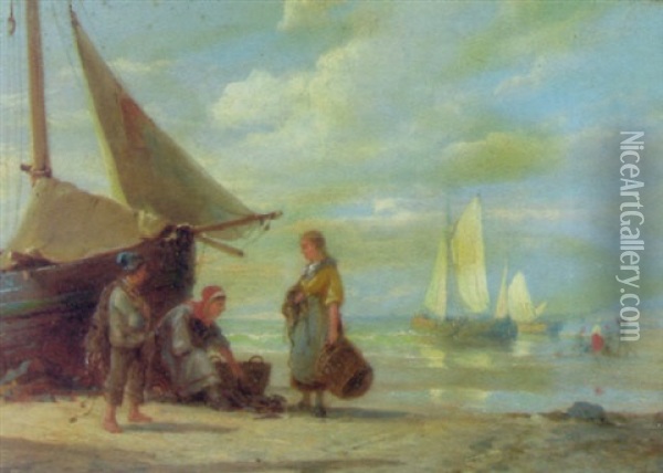 On The Beach Oil Painting - Pieter Cornelis Dommershuijzen