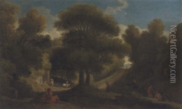 A Wooded Landscape With Figures Resting And Travellers On A Track Oil Painting - Jan Frans van Bloemen