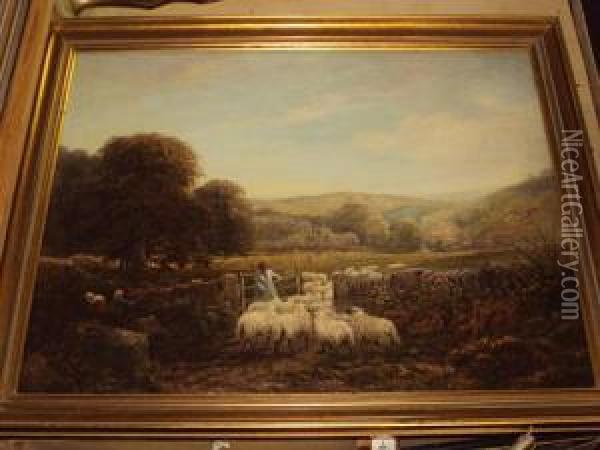 Shepherd And Flock By A Gateway Oil Painting - George William Mote
