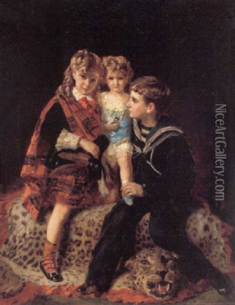 Tre Soskende Pa Et Leopardskind Oil Painting - Henry Guillaume Schlesinger