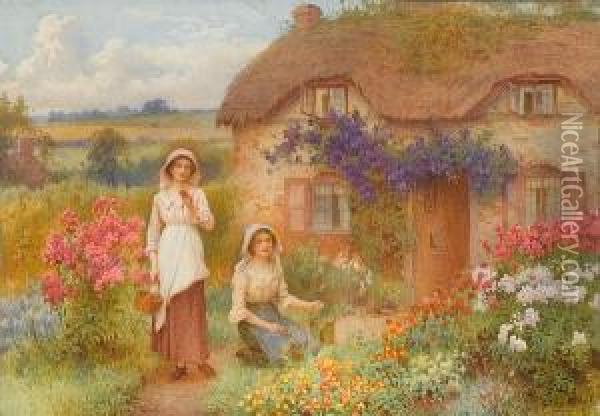 Young Women In A Cottage Garden Oil Painting - William Affleck