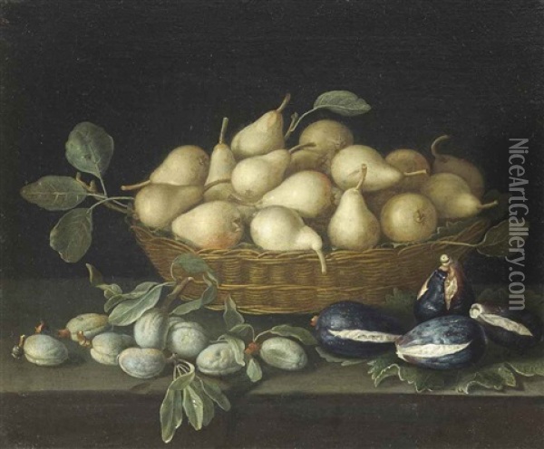 Pears In A Wicker Basket, With Almonds And Figs On A Stone Ledge Oil Painting - Francois Garnier