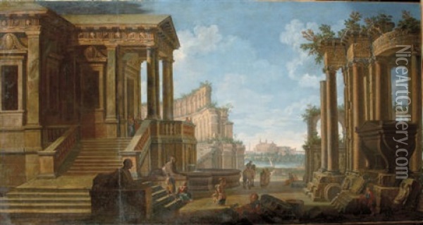A Capriccio View Of An Ancient Town With The Colloseum In The Distance Oil Painting - Giovanni Paolo Panini