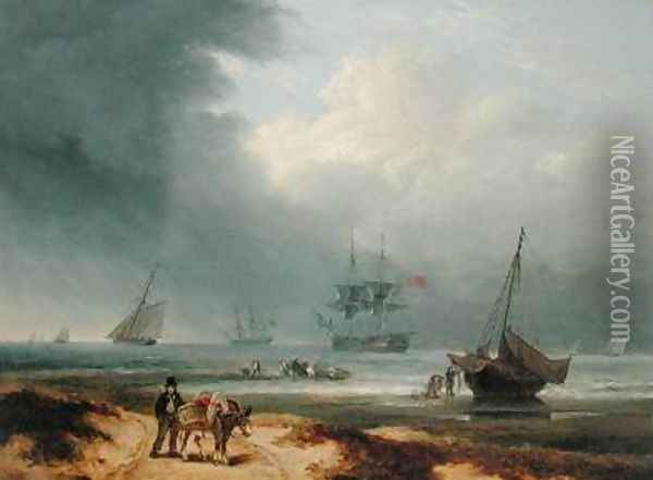 Shipping in a Windswept Bay with Men Working on the Shore 1812 Oil Painting - Thomas Luny