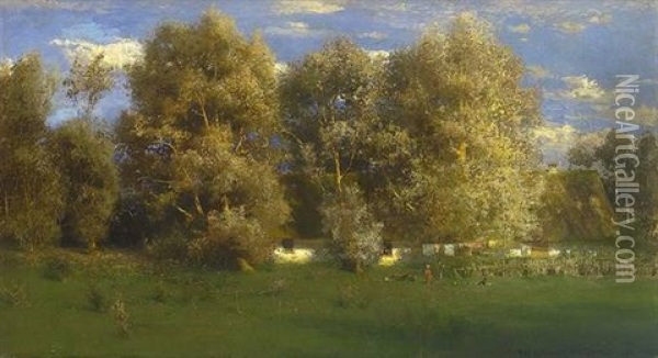 Reetgedecktes Anwesen Hinter Ausladenden Baumen Oil Painting - Paul Wilhelm Keller-Reutlingen