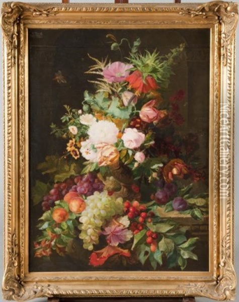 Vase De Fleurs Sur Un Entablement Et Composition De Fruits Oil Painting - Jean-Marie Regnier