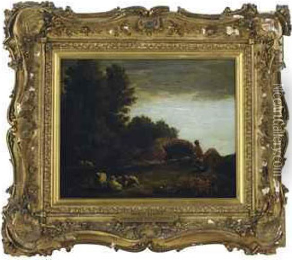 A Shepherd And His Flock Resting In A Wooded Landscape Oil Painting - Thomas Barker of Bath