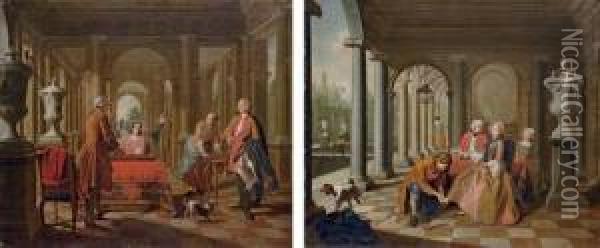 An Elegant Couple Playing 
Tric-trac In A Loggia; And An Elegant Couple Taking Tea In A Loggia Oil Painting - Peter Jacob Horemans