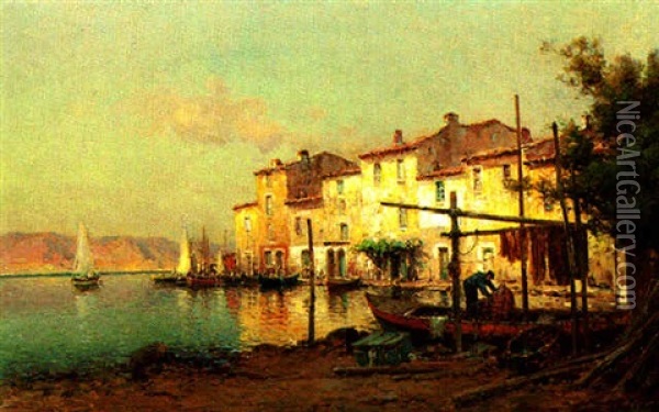 Fishing Village At Sunset Oil Painting - Pierre Jacques Pelletier