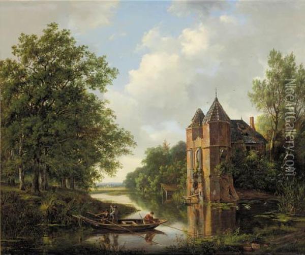 A Riverlandscape With Anglers In A Rowingboat By A Ruined Mansion Oil Painting - Frans Arnold Breuhaus de Groot