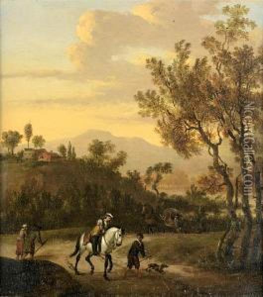 Travellers On A Country Path In A Summerlandscape Oil Painting - Jan Wyck
