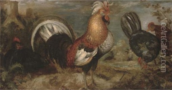 A Cockerel And Three Turkeys In A Landscape, With A Frog, A Lizard And A Dragonfly In The Foreground, A Farmhouse Beyond Oil Painting - Roelandt Savery