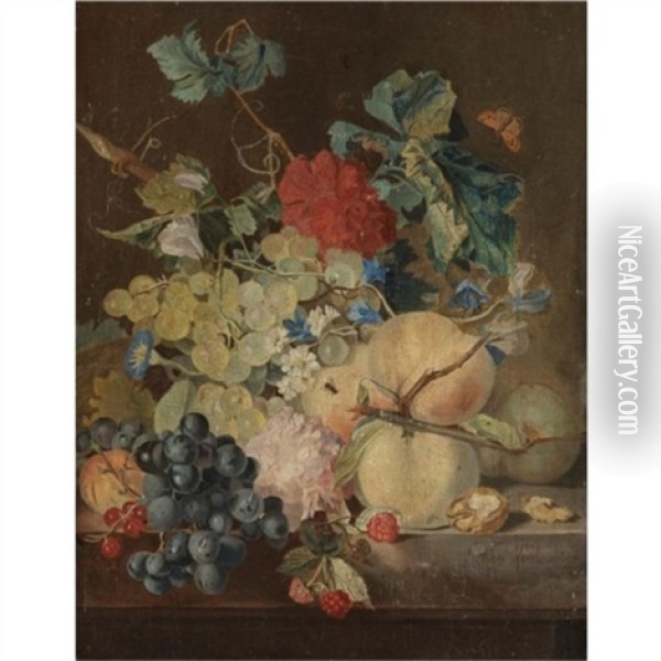 A Still Life With Peaches, Grapes, Raspberries Together With Various Flowers On A Stone Ledge Oil Painting - Jan van Os