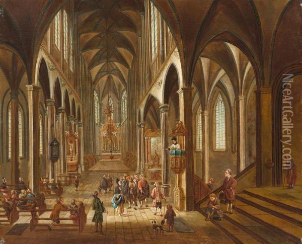 Church Interior With Figures. Oil Painting - Johann Friedrich Morgenstern