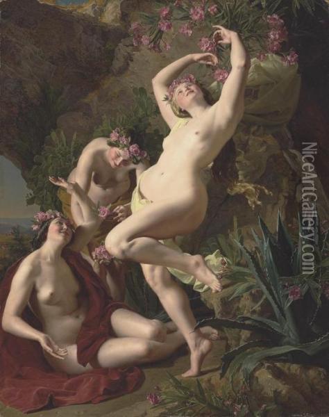 Three Graces Garlanded With Roses Oil Painting - Ferdinand Georg Waldmuller