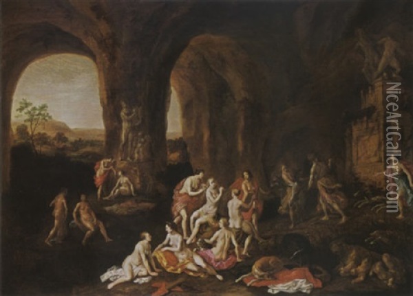 Diana And Her Nymphs Resting After The Hunt In A Cave, Surrounded By Antique Statues Oil Painting - Adriaen van Nieulandt the Elder